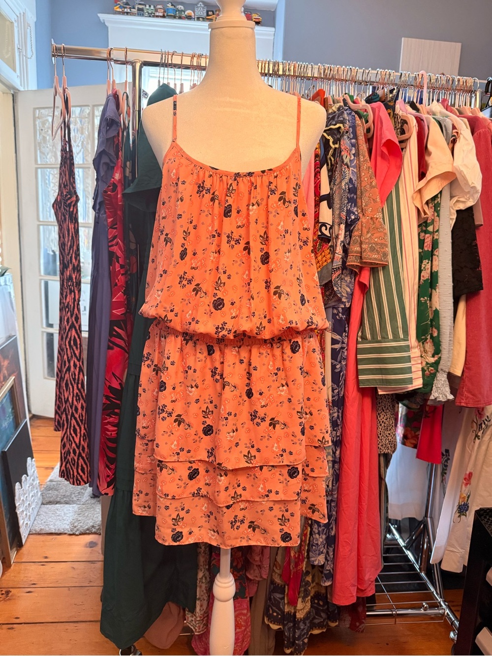Ariat Peach Floral Tiered Spaghetti-Strap Mini Dress - Picture 2 of 5